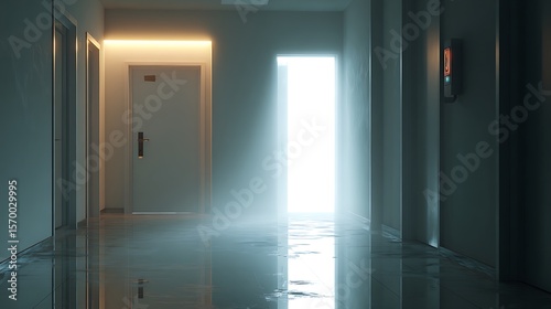 A hallway with doors and bright light shining through an open doorway at the end of it