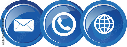 Three blue glossy circular icons representing communication methods email phone and global internet connectivity isolated on transparent background silhouette