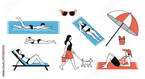 A diverse collection of people enjoying a sunny day at the beach in various relaxing activities