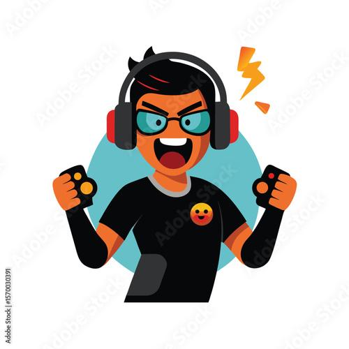 Furious gamer mascot holding controller and headset Vector illustration