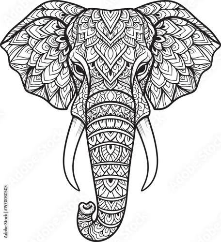 ornamental elephant head with tribal mandala pattern, black and white vector design