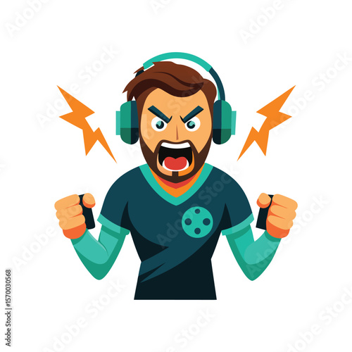Angry gamer with headset glowing controller intense rage Vector illustration