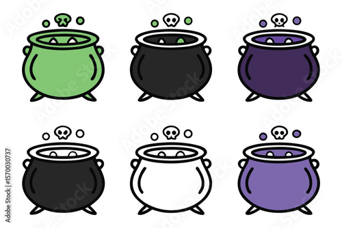 Green black purple white cauldrons with skulls halloween witch