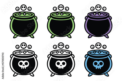 Colorful halloween cauldrons with bubbling potion and skull designs witch