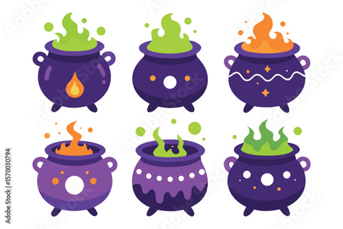Six purple halloween cauldrons with green and orange bubbling potions witch