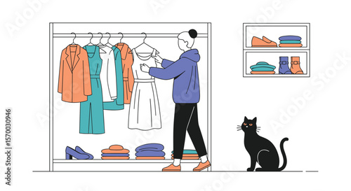 Fashionable person selecting apparel and footwear from a closet display with a stylish black cat observing nearby