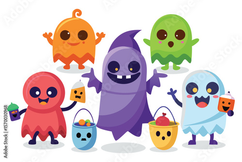 Cute cartoon ghosts holding candy buckets halloween characters