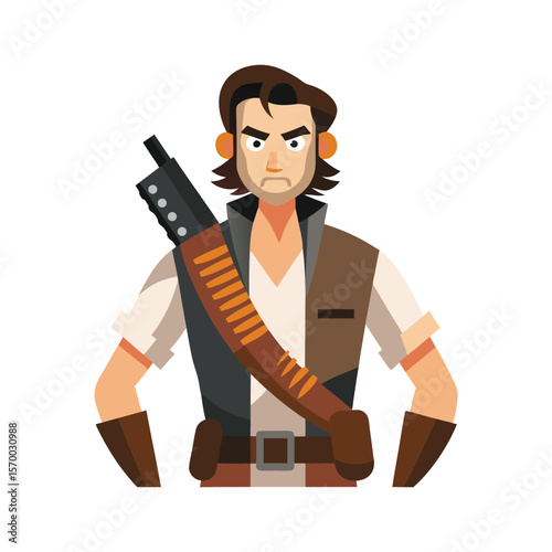 Gunslinging rebel with smirk and bullet belt fearless character Vector illustration