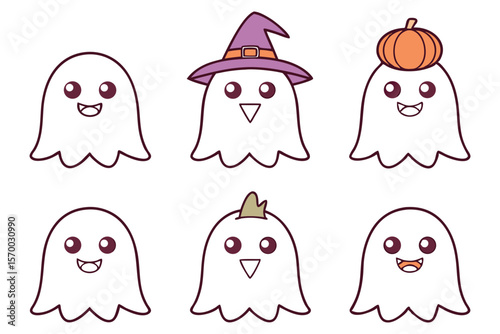 Cute white ghosts with halloween accessories cartoon vector
