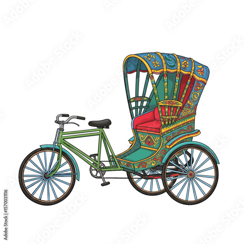 Traditional Bangladeshi rickshaw folk art illustration with floral borders
