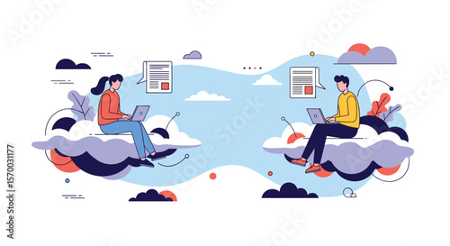 Two people working on laptops sitting on clouds in a blue sky with abstract shapes and smaller clouds around them illustrating remote work and digital connection