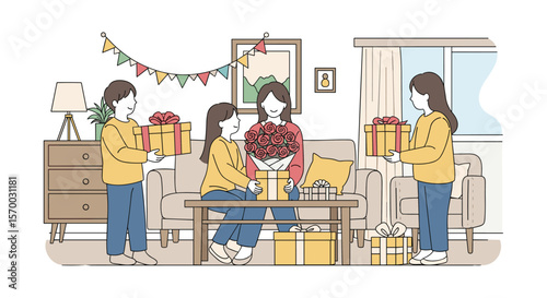 Celebrating a special occasion with loved ones sharing joy and gifts in a cozy living room setting