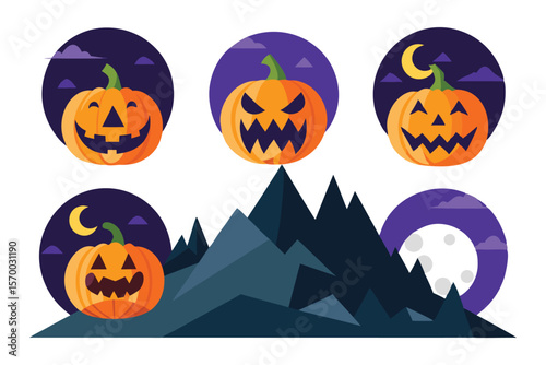 Carved jackolanterns with moon and mountains halloween orange