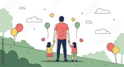 Happy father's day celebration with two daughters and balloons in the park