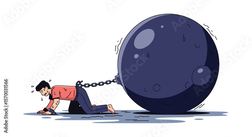 A man struggling to drag a heavy ball and chain hindering his progress and causing immense difficulty