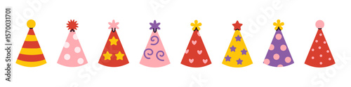 Vector party hats collection. Bright and cheerful paper caps set with patterns. Perfect for birthdays, events, and decorations. Isolated flat cliparts for festive design.
