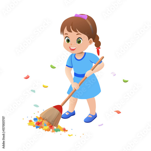 Cute Girl Cleaning Up Colorful Confetti Perfect for Kids Books Websites  More