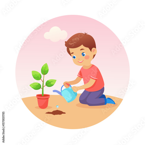 Young Boy Tending to a Plant A Visual Representation of Growth and Nurturing