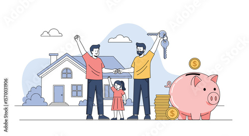 Family saving money for a new home with a piggy bank and real estate goals