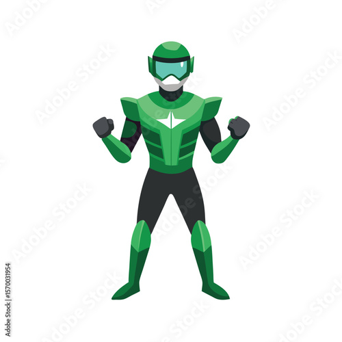 High tech armored hero with green visor and clenched pose Vector illustration