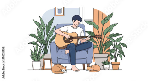 A person plays an acoustic guitar while sitting in a comfortable chair surrounded by lush green plants and two sleeping cats