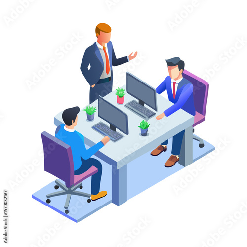 Isometric Illustration Business Team Meeting Collaboration Office Workers Teamwork Project Discussion