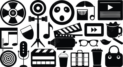 Cinema and Entertainment Icon Set: A versatile collection of iconic illustrations capturing the essence of cinema, entertainment, and related elements in a clean, bold style.