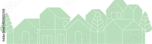 Serene Townscape: A peaceful townscape illustration featuring a row of charming houses and verdant trees. The simple design and muted color palette creates a sense of calm.