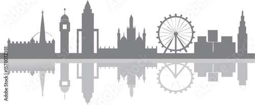 London Skyline Silhouette Reflected: A stylized cityscape silhouette of London gracefully mirrored in a tranquil expanse, presenting iconic architecture in monochromatic elegance.
