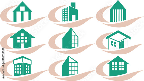 Real Estate Icon Set: Collection of nine teal-colored building icons, including houses, apartments, and commercial buildings, set against a soft beige background.  Perfect for branding, websites.