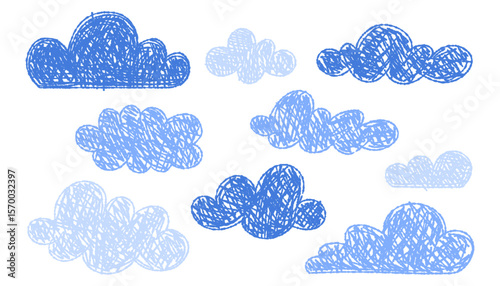 Hand-drawn crayon clouds set. Kids elements for  preschool materials. Playful sky. Cute cartoon weather symbols. Isolated vector illustration