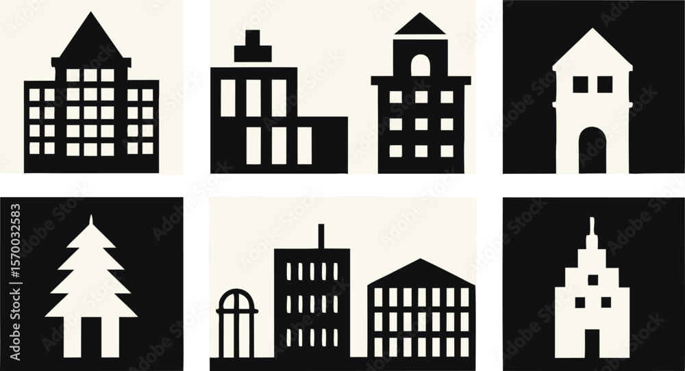 Fototapeta premium Cityscape Icons: A set of eight minimalist building icons, depicting various architectural styles in a black and white design. Perfect for urban design projects, presentations, or app interfaces.
