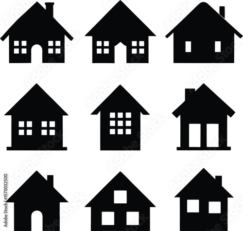 Diverse Silhouette of Dwellings: A versatile collection of minimalist house silhouettes, each showcasing unique architectural details, offering a range of residential options.