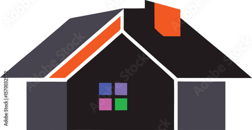 Home Abstract in Modern Style: Geometric design in a modern illustration, with a dark house silhouette, a window with vivid colors.