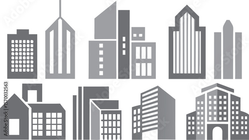 Architectural Icons: A compilation of minimalist building icons captures the essence of urban skylines, blending modern design with geometric precision.
