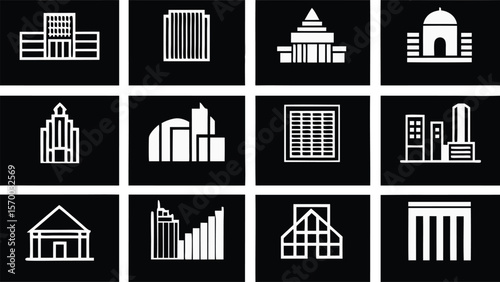 Architectural Icons: A set of stylized architectural icons on a dark background, each representing a distinct building type, ideal for illustrating concepts related to urban planning, construction.