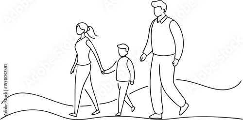 Family Walk: A simple line illustration depicts a family of three, a mother, father, and child, holding hands as they walk together, symbolizing love, unity and togetherness.
