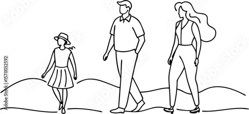 Family Leisure Stroll: Minimalist illustration captures a family of three enjoying a leisurely walk outdoors, representing togetherness and simple joys of quality time. 