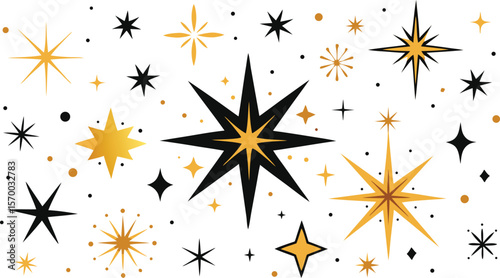 Sparkling Night: An illustrative array of radiant stars, in gold and black, twinkle against the backdrop of the deep night. Capturing celestial bodies.