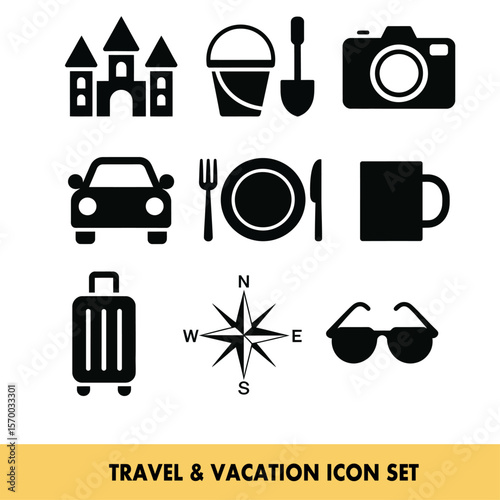 Travel and vacation icons depicting leisure and adventure essentials for global exploration needs