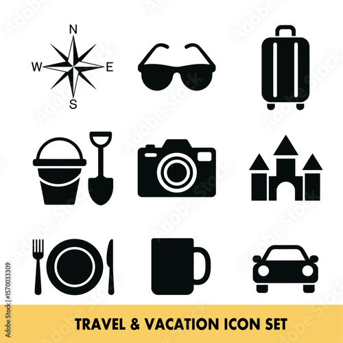 Travel and vacation icons depicting leisure and adventure essentials for global exploration needs
