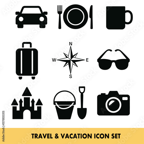 Travel and vacation icons depicting leisure and adventure essentials for global exploration needs