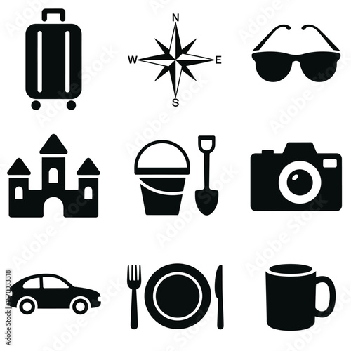 Travel and vacation icons depicting leisure and adventure essentials for global exploration needs