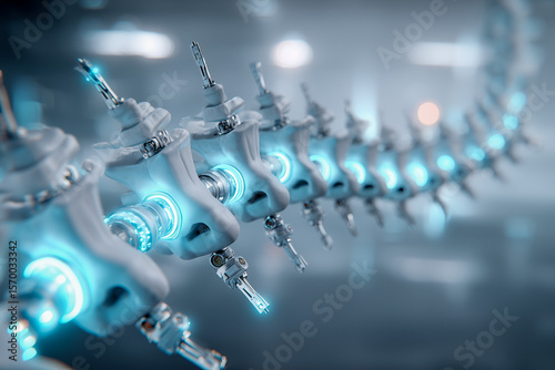 A gleaming metallic robotic spine with bright blue glowing segments, illustrating advanced technology, medical innovation, bionics, and future applications in prosthetics or artificial intelligence sy
