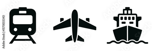 Airplane ship and train icons symbolizing travel and transportation modes in modern journeys