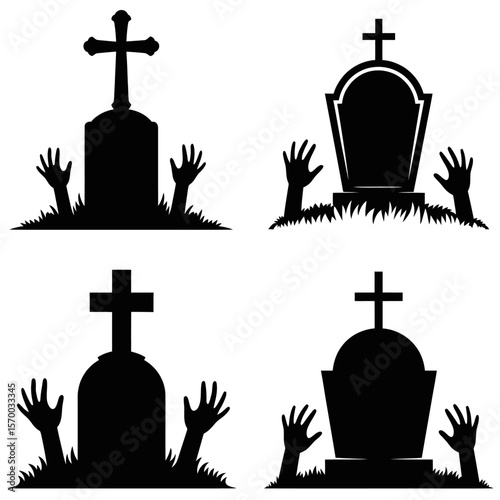 Zombie hands rising from graves in spooky cemetery silhouette on white vector illustration