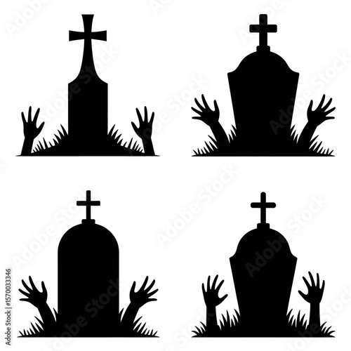 Zombie hands rising from graves in spooky cemetery silhouette on white vector illustration