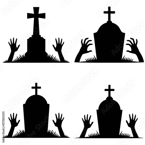 Zombie hands rising from graves in spooky cemetery silhouette on white vector illustration
