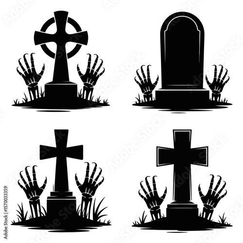 Zombie hands rising from graves in spooky cemetery silhouette on white vector illustration