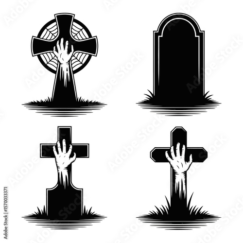 Zombie hands rising from graves in spooky cemetery silhouette on white vector illustration